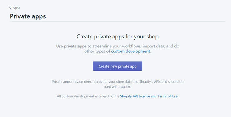 Shopify create a new private app