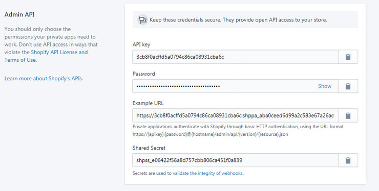 Shopify API key and password